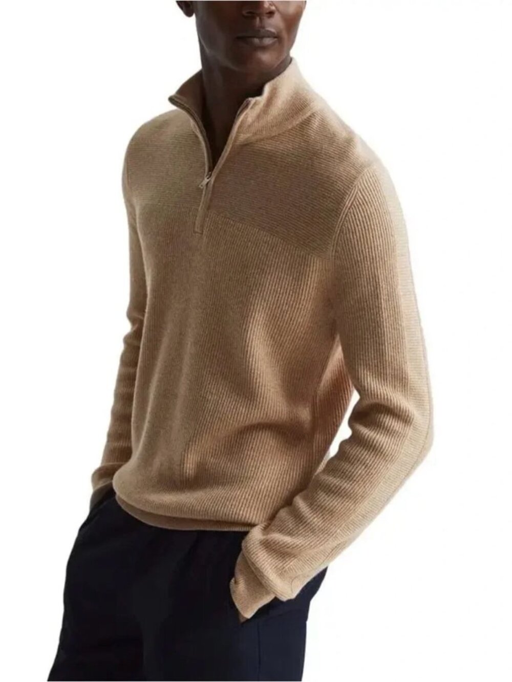 REISS XL Camel Ribbed Cashmere Quarter-Zip Sweater Wool